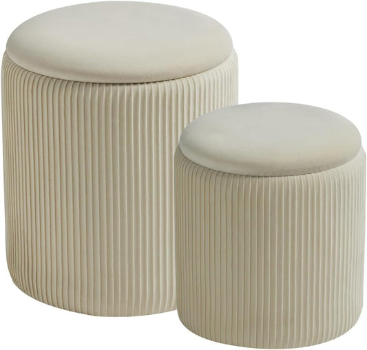 Round Set of 2 Ottoman with Storage-Upholstered Velvet Vanity Stool for Makeup Multifunctional Ottomans Coffee Table Padded Seat Foot Rest for Living Room&Bedroom（White）