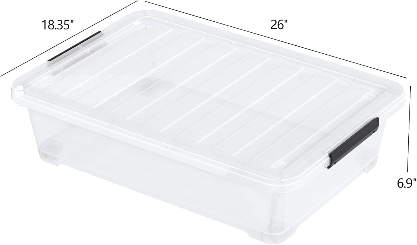 Set of 3 42 L Clear Plastic Under The Bed Storage Bins, Underbed Box with Latching Lid and Wheels, Flat Container for Dormitory, Apartment, Attic
