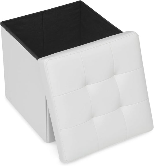 Athena Collection 15" Storage Ottoman Bench Folding Bench with 40L Hidden Storage, Small Cube Ottoman PU Leather Foot Rest Stool Chest with Flipping Lid for Living Room, Bedroom, Entryway, White