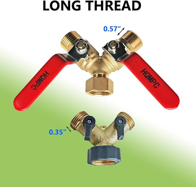 HQMPC Garden Hose Y Valve Splitter Brass Hose Splitter With Stainless Steel Long Handle Brass Garden Hose Adapter 2 Way Y Valve 3/4" GHT Thread 2pcs