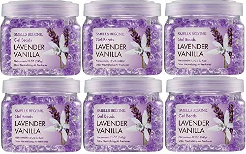 SMELLS BEGONE Odor Eliminator Gel Beads - 12 oz, Pack of 6 - Eliminates Odor in Bathrooms, Cars, Boats, RVs & Pet Areas - Air Freshener - Made with Essential Oils - Lavender Vanilla Scent