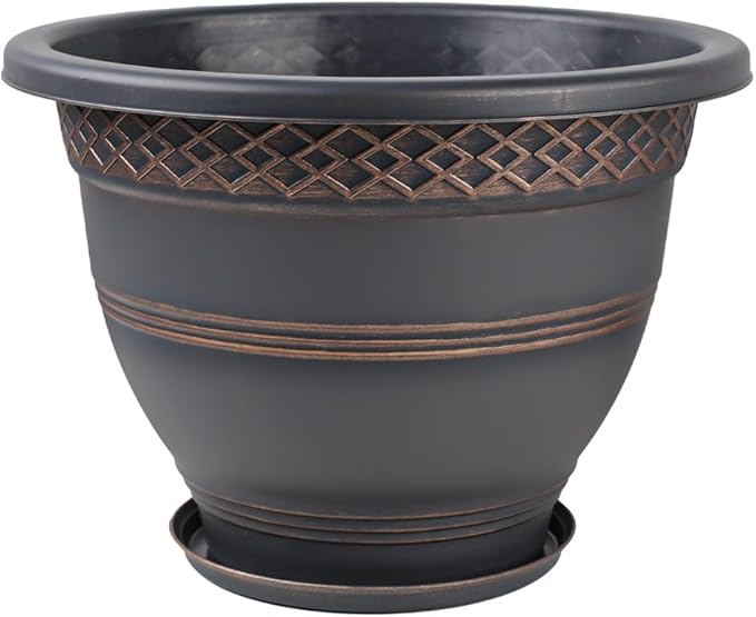 10 Inch 4 Pack Large Plant Pots, Plastic Flower Pot for Indoor & Outdoor with Drainage Holes & Saucer, Plaid Pattern Planters Garden Pots for Herbs