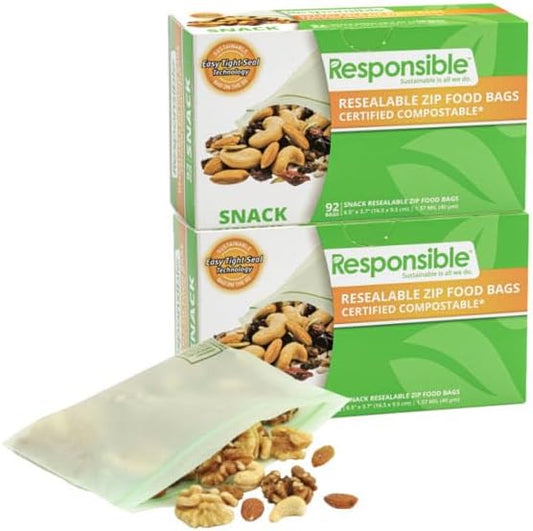 Responsible Products Certified Compostable SNACK Resealable Zip Bag, Extra Strength Food Bags, Plant-Based Freezer-Safe (184 Pack)