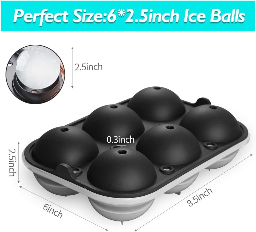 Ice Ball Maker, TINANA Reusable 2.5 Inch Ice Cube Trays, Easy Release Silicone Round Ice Sphere Tray with Lids & Funnel for Whiskey, Cocktails & Bourbon Black