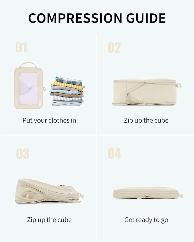 ECOHUB 5 Set Compression Packing Cubes for Suitcases Organiser Bags Set Travel Essentials with Shoe Bag for Traveling Tear-resistant Travel Accessories with ID Tag Expandable Packing Bags(Beige)