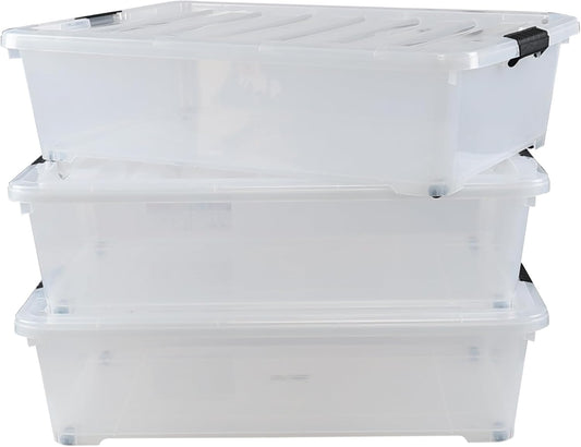 Kiddream 3-Pack 50 Quart Plastic Underbed Storage Bins with Lids/Wheels, Large Clear Storage Box
