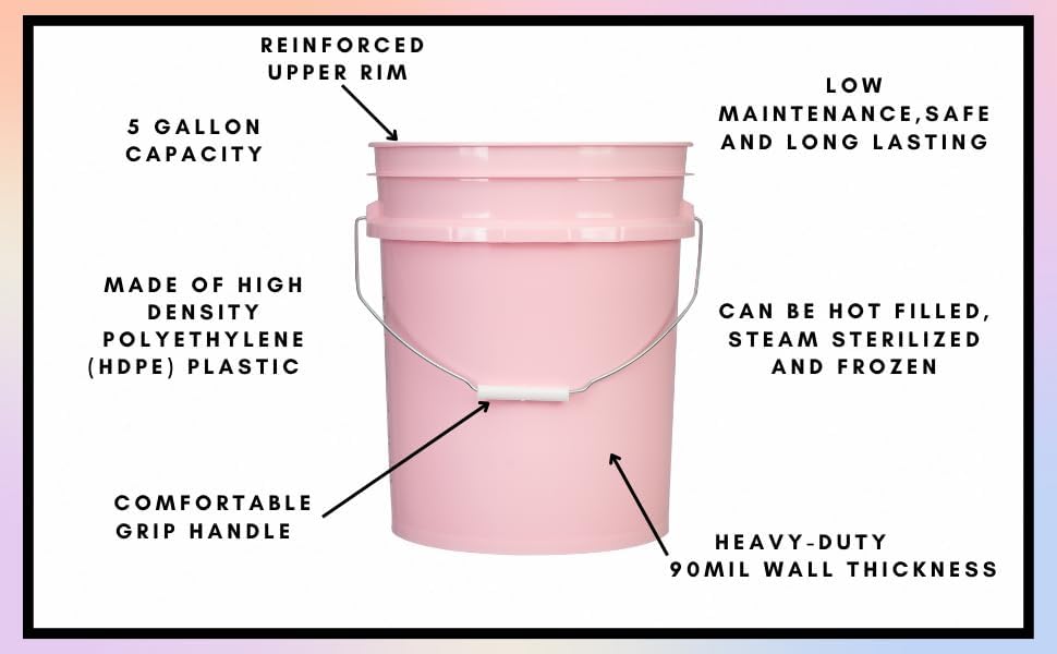 House Naturals Food Grade 5 Gallon Pink Bucket Container- Made in USA. Bucket only, no lid.
