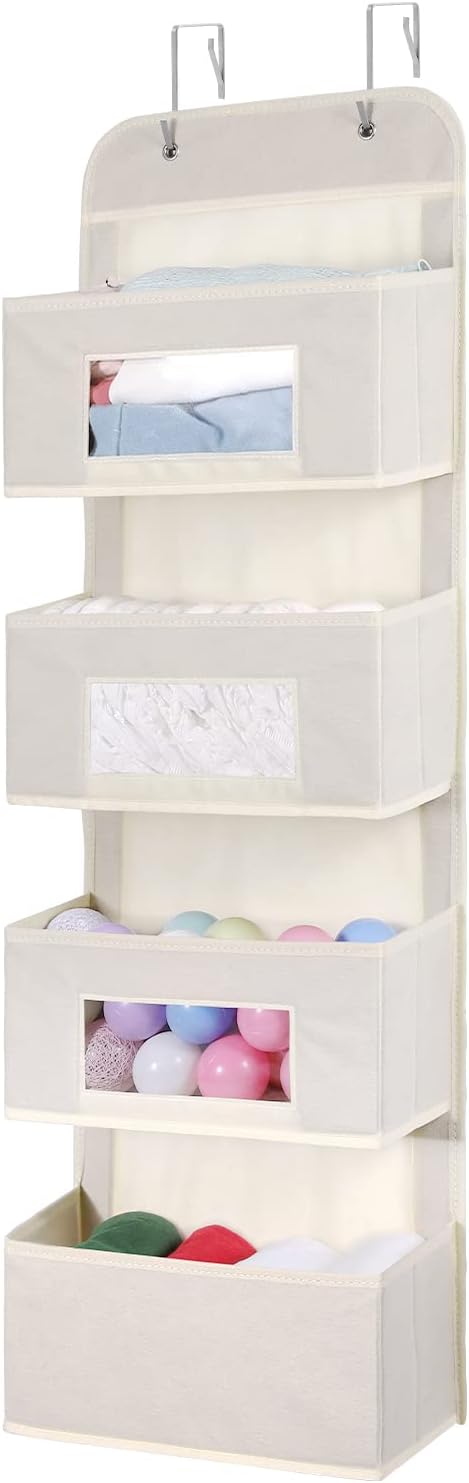 MAX Houser 4-Shelf Over The Door Hanging Organizer with 2 Metal Hooks, 4 Pocket Swing-Proof Behind Door Organizers with Clear Windows for Nursery Bathroom Closet,Dorm,Baby Diapers, Kids Toys (Beige)