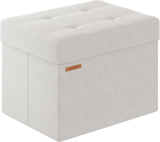Folding Storage Ottoman, Velvet Storage Bench, Footrest, End Stool, Foot Stool,for Living Room, Bedroom and Office,12.2 x 16.1 x 12.2 Inches, 300 kg Load Capacity,Cream White, UASND03W