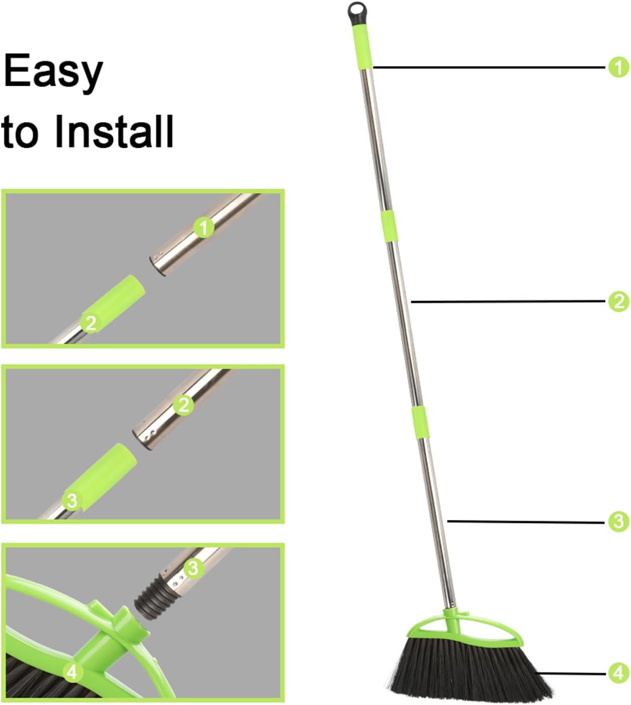 3 Packs Indoor Brooms Green Angle Broom Soft Bristles Long Handle for Hardwood Floor Sweeping