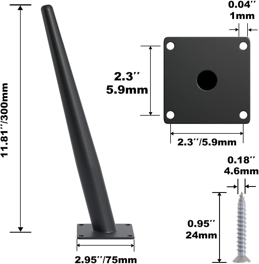 8PCS 12 Inch Matte Black Tapered Angled Legs for Furniture, Metal Mid Century Mordern Feet, Heavy Duty Slanted Stand Legs Kit for Couch, Coffee Table, Desk, Dresser, Sofa, Chair