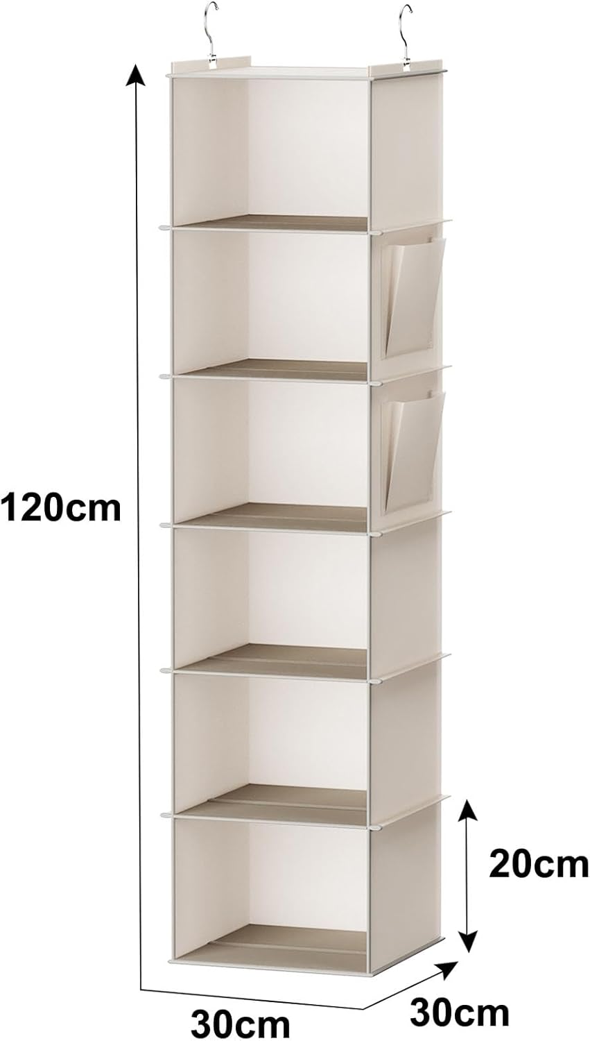 YOUDENOVA Hanging Closet Organizer, 6-Shelf Closet Hanging Storage with Side Pockets, Beige