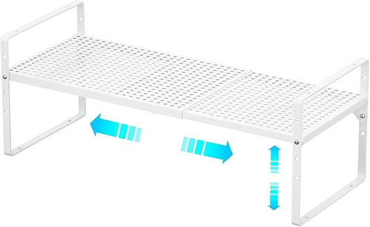 Redrubbit Expandable Cabinet Storage Shelf, Adjustable Height Steel Metal Kitchen Counter Organizers Shelves Spice Rack for Kitchen Pantry Bathroom Cupboard Desk Home Office, White-1 Pack
