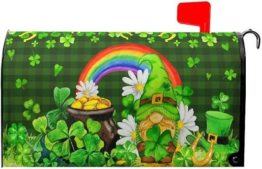 St. Patrick's Day Green Gnome Magnetic Mailbox Cover - Green Buffalo Plaid, Good Luck Leaf & Rainbow Design - Standard Size 25.5x21 Inch for Home & Outdoor Garden