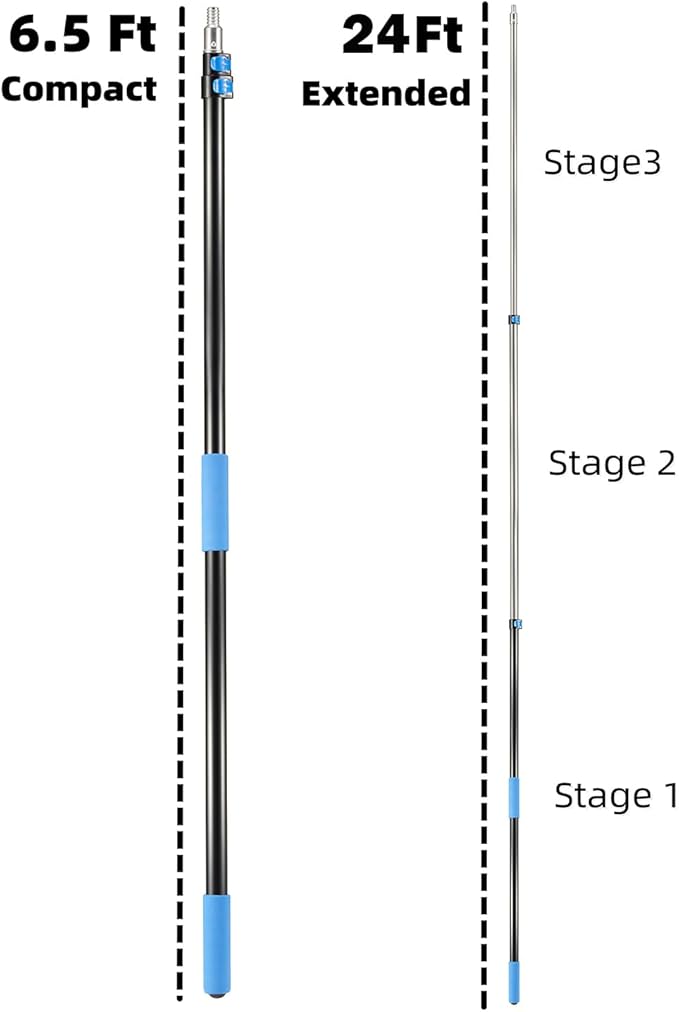 30 Foot High Ceiling Fan Duster with 6-24 Foot Extension Pole, Extendable Reusable Cobweb, Feather, Window Cleaning Squeegee Kit