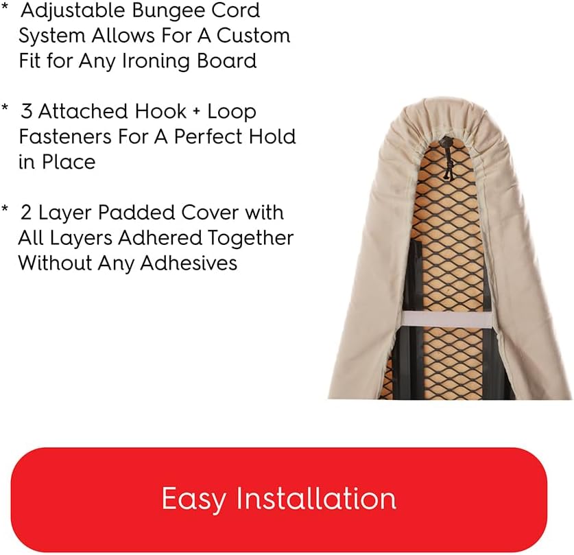 TIVIT Ironing Board Cover 14 x 49 Small Chemical Free Eco-Friendly Padded Covers - Unbleached, Untreated Natural Cotton & Wool Pad - 2 Layer, 3 Fastener Straps, Pull Bungee Cord - Made in Italy