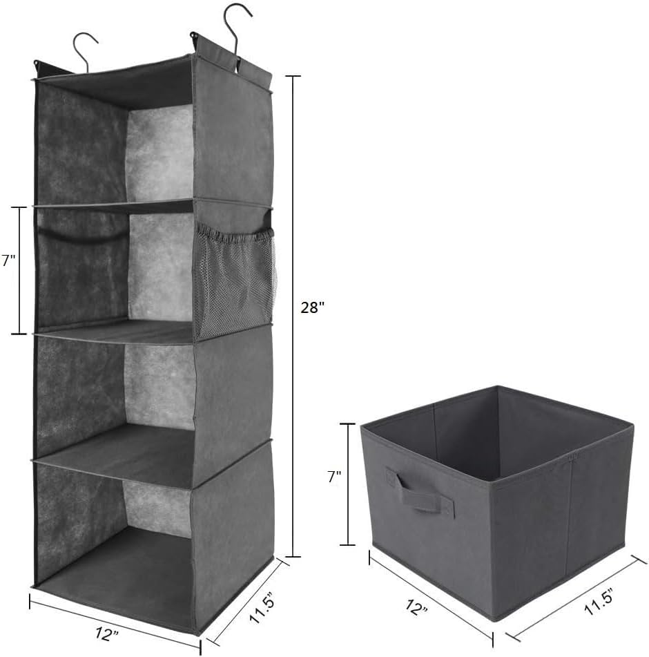 MAX Houser 4-Shelf Hanging Closet Organizer, Space Saver, Cloth Hanging Shelves with 2 Side Pockets, Foldable (Grey)