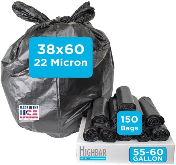 Large Black Trash Bags 55-60 Gallon Heavy Duty, 150 Count, High Density, 22 Micron, 38" x 60", Ideal for Schools, Janitorial, Bathrooms,
