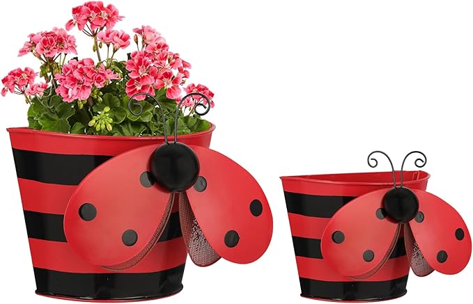 BAYN Set of 2 Ladybug Wall Hanging Planter Decor Art, Metal Wall Mounted Planters Garden Yard Decorative Flower Pot Indoor Outdoor Wall Planter Succulent Plant Container