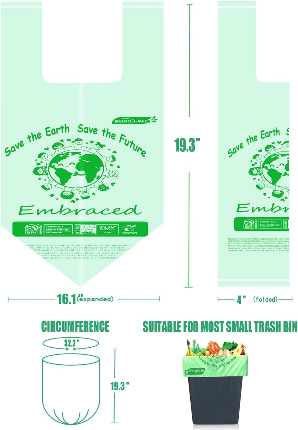 1.6 Gallon Compostable Trash Bags with Handle, 125 Count Small Compost Bags, Biodegradable Kitchen Garbage Bags, Food Scrap Waste Bags for Countertop Bin, ASTM D6400, US BPI Certified