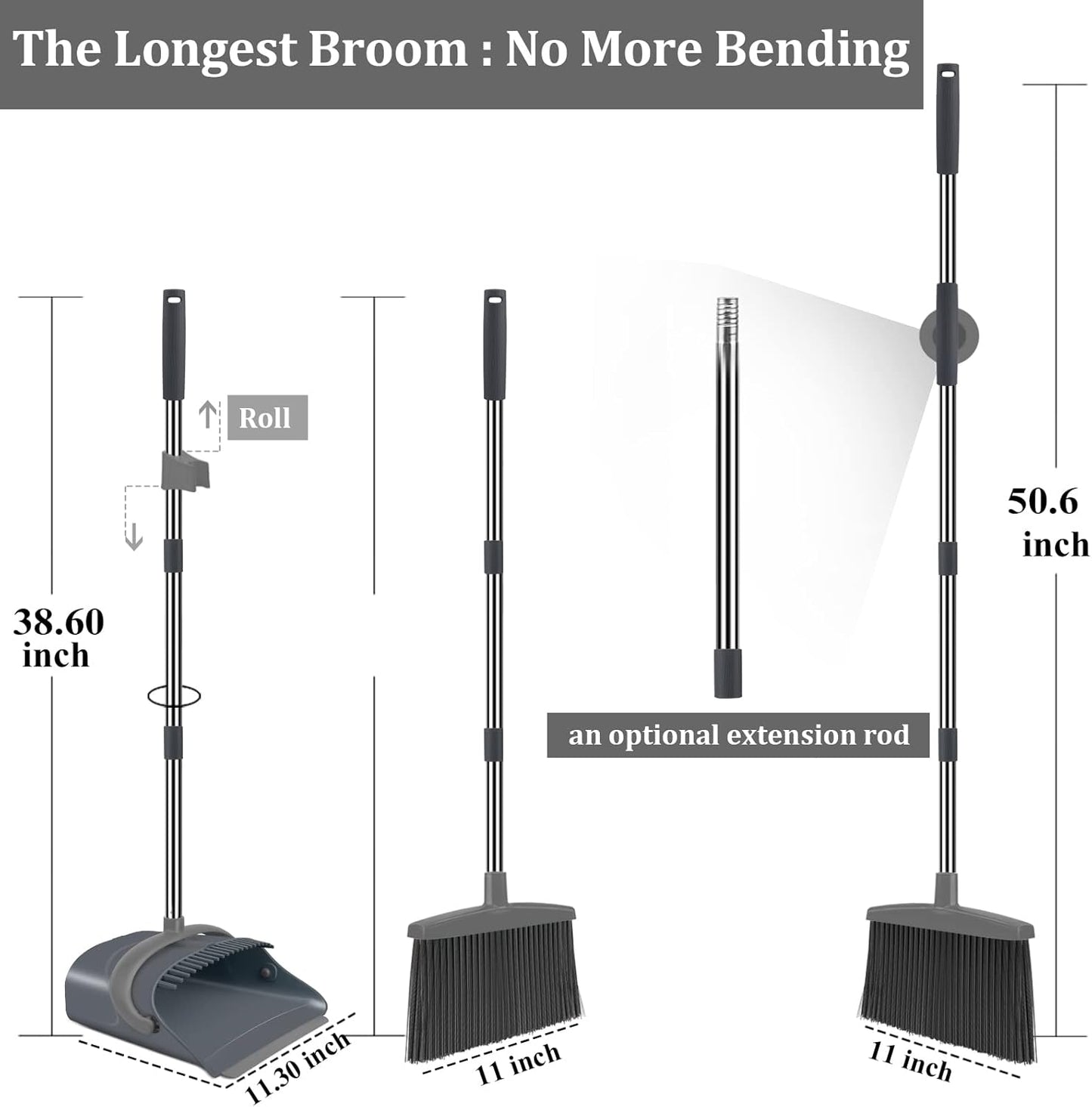 Broom and Dustpan Set, Dust pan with Long Handle, Broom with Dustpan Combo Set, Broom and Dustpan for Home, Indoor or Outdoor Cleaning Tool (Deep Gray&Light Gray)