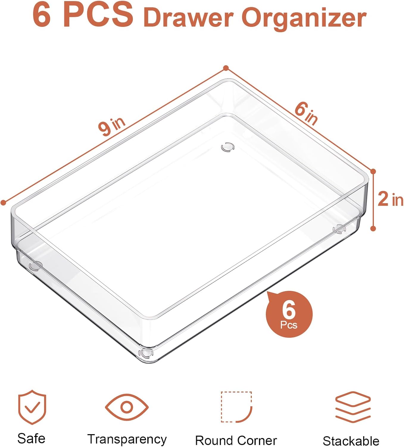 SMARTAKE 6 PCS Clear Plastic Drawer Organizers Set, Large Size Non-Slip Desk Drawer Organizer, Versatile Bathroom and Vanity Drawer Organizer Trays for Makeup, Bedroom, Office, Kitchen Utensils