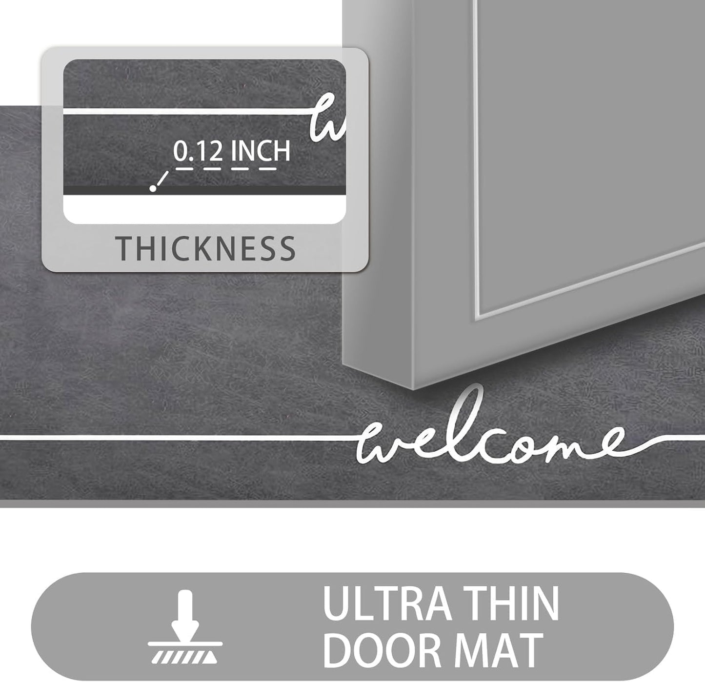 Welcome Mat Indoor, Ultra Thin Door Mat, 1/10 in Thin Door Mats for Inside Entry, Non-Slip Rubber Backing, Washable Doormat, Fade Resistant, Absorbent, Low Profile Dirt Trapper, 35"X24",Grey