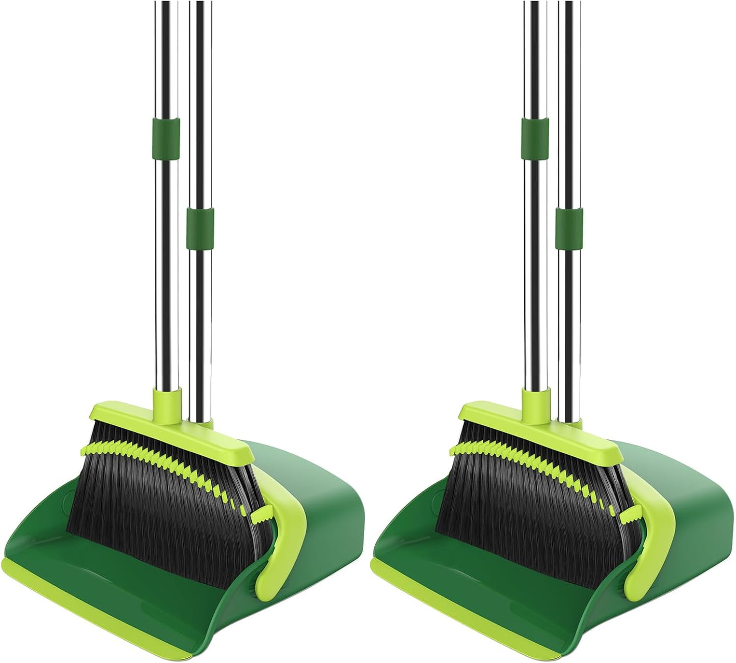 Broom and Dustpan Set, 52-in Long Adjustable Handle Broom Dustpan Combo with Dust pan Teeth to Automatically Clean Hair Suitable for Home Kitchen Office Hall Floor (Green), 2 Pack