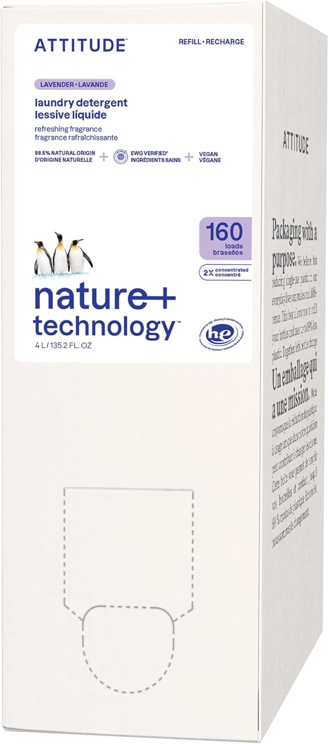 ATTITUDE Liquid Laundry Detergent Refill, EWG Verified, HE Compatible, Plant-Based & Vegan, Natural Laundry Soap, Lavender Scent, 160 Loads, 135.26 Fl Oz