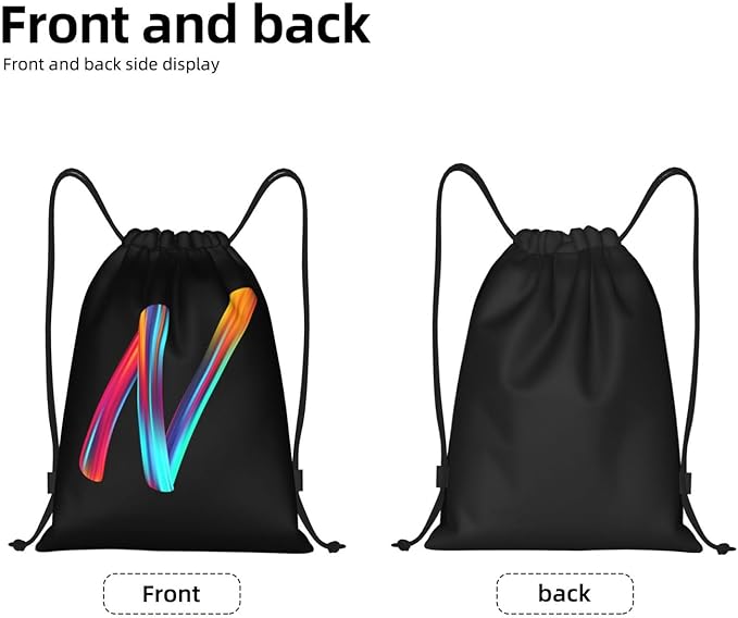 Drawstring Bags Initial Drawstring Backpack Sackpack Black Draw String Cinch Bags for Sports, Gym, Travel, Swimming, Beach, Camping, Rainbow Letter N