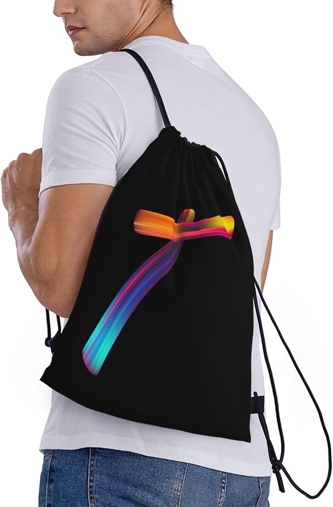 Drawstring Bags Initial Drawstring Backpack Sackpack Black Draw String Cinch Bags for Sports, Gym, Travel, Swimming, Beach, Camping, Rainbow Letter T
