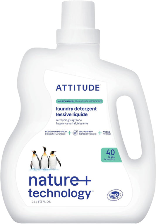 ATTITUDE Liquid Laundry Detergent, EWG Verified, HE Compatible, Plant-Based & Vegan, Natural Laundry Soap, Mountain Fresh Scent, 40 Loads, 67.6 Fl Oz