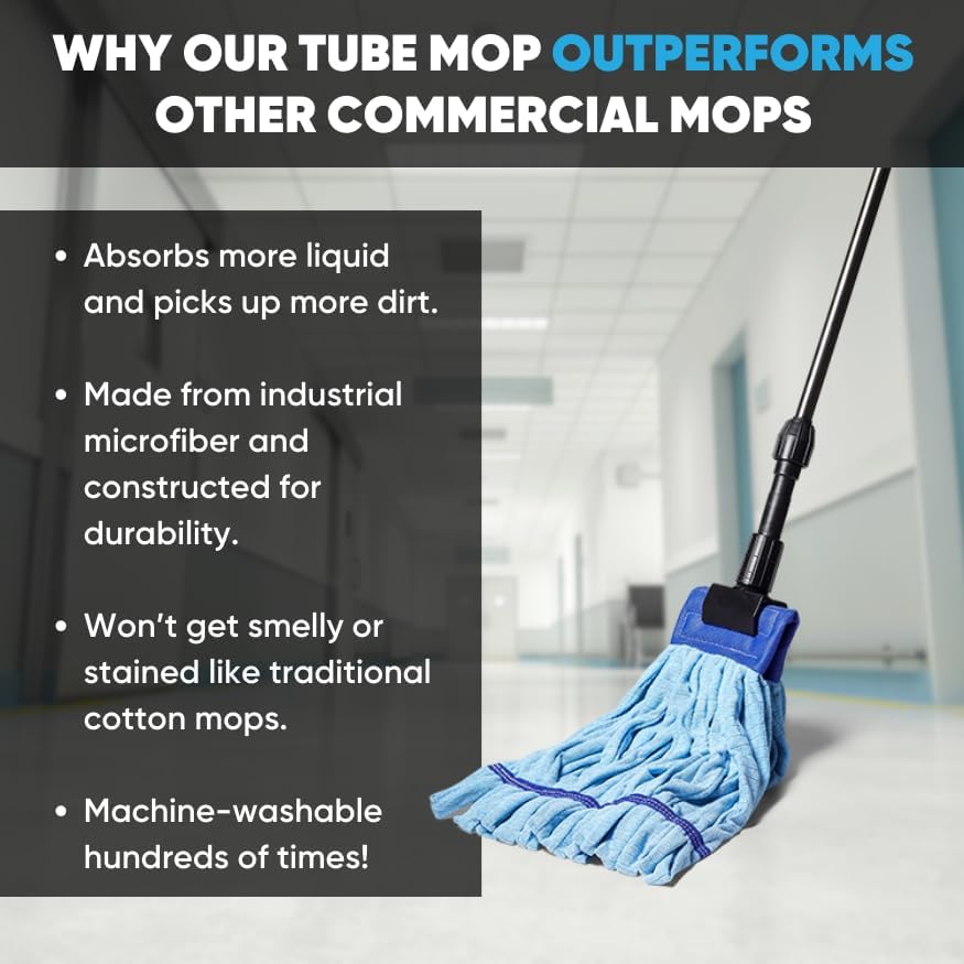 Commercial Mop Head Replacement – 1 Pack Blue Medium Microfiber Tube Mop (14 oz.) | Industrial Wet Mops | Refill Heads, Machine Washable, Heavy Duty | Hardwood, Tile, Laminate, Vinyl Floors