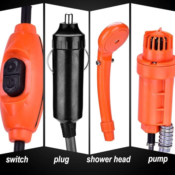Cocoarm Portable Camping Shower, 12V Car Outdoor Shower Pump Camp Shower Handheld Camping Showerhead Powered for Camping Travel Pumps Water from Bucket, Hiking, Pet Cleaning, Pet Shower