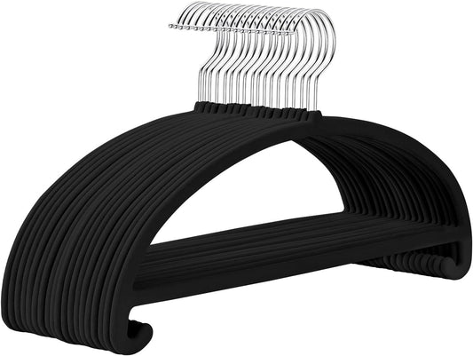 MIZGI 50 Pack Black Velvet Hangers - No Shoulder Bumps, Heavy Duty Non-Slip Chrome Hooks for Jackets, Coats, Pants