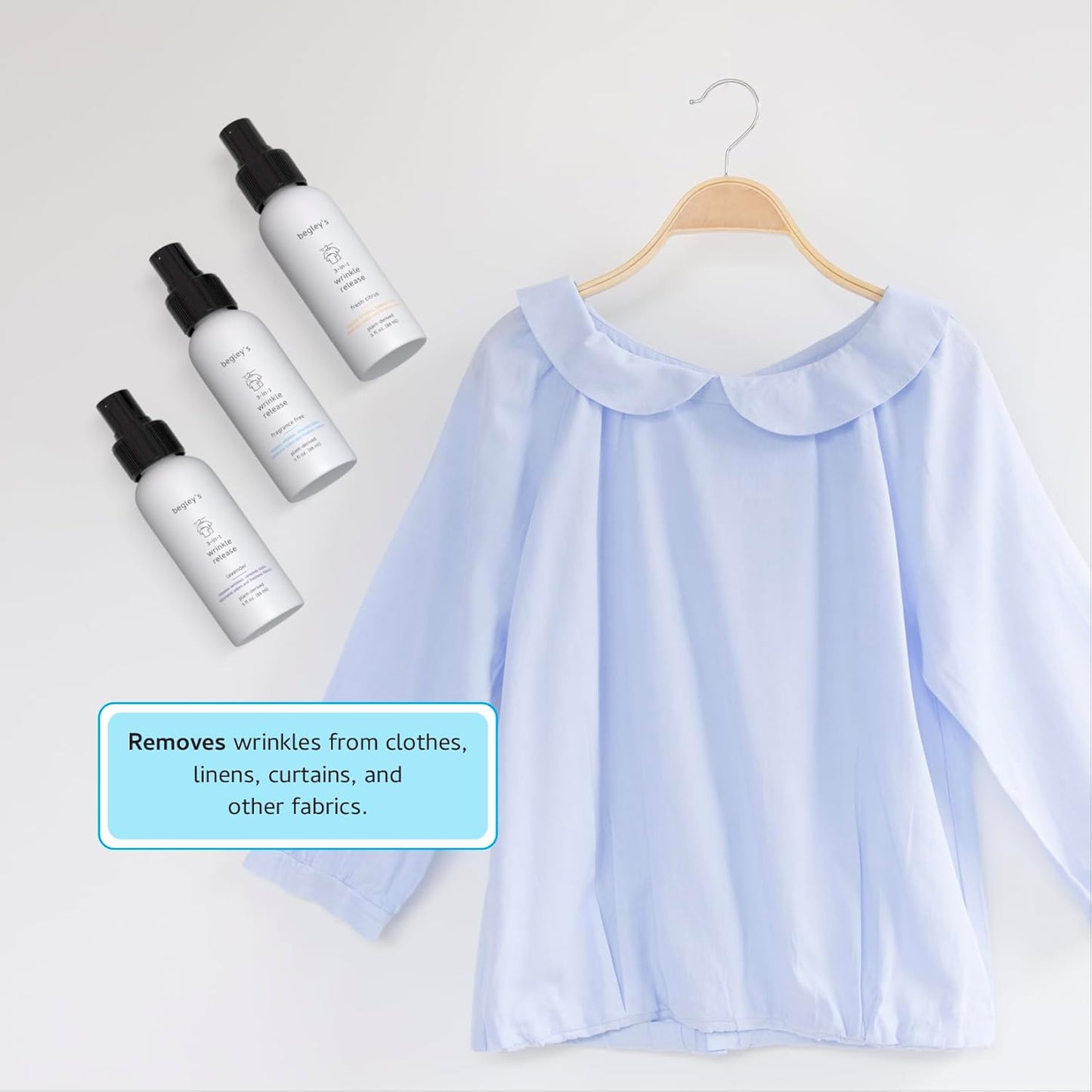 Begley's 3-in-1 Wrinkle Remover, Quick Fix Wrinkle Release, Static Cling Remover, Odor Eliminator and Fabric Refresher Spray - Plant-Derived, USDA Certified Biobased - Fragrance-Free, 3 oz Travel Size