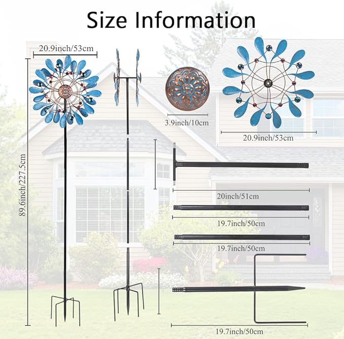 Stargarden Wind Spinners Outdoor, Large Kinetic Wind Spinner, Waterproof Blue Pinwheels with 4 Sturdy Stake, Metal Windmill for Yard, Porch Decor (21 * 90 Inches)