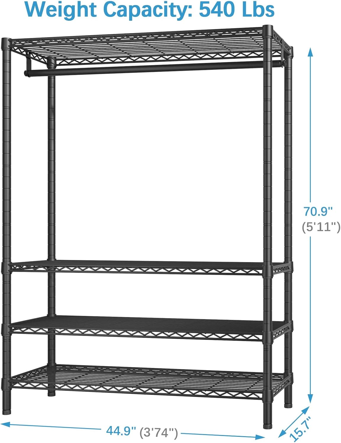 VIPEK V1 Plus Heavy Duty Clothes Rack with Shelves - 4 Tiers Adjustable Height | Holds Up to 540lbs | Perfect for Small Spaces, Apartments | Compact Design for Flexible Storage, Black