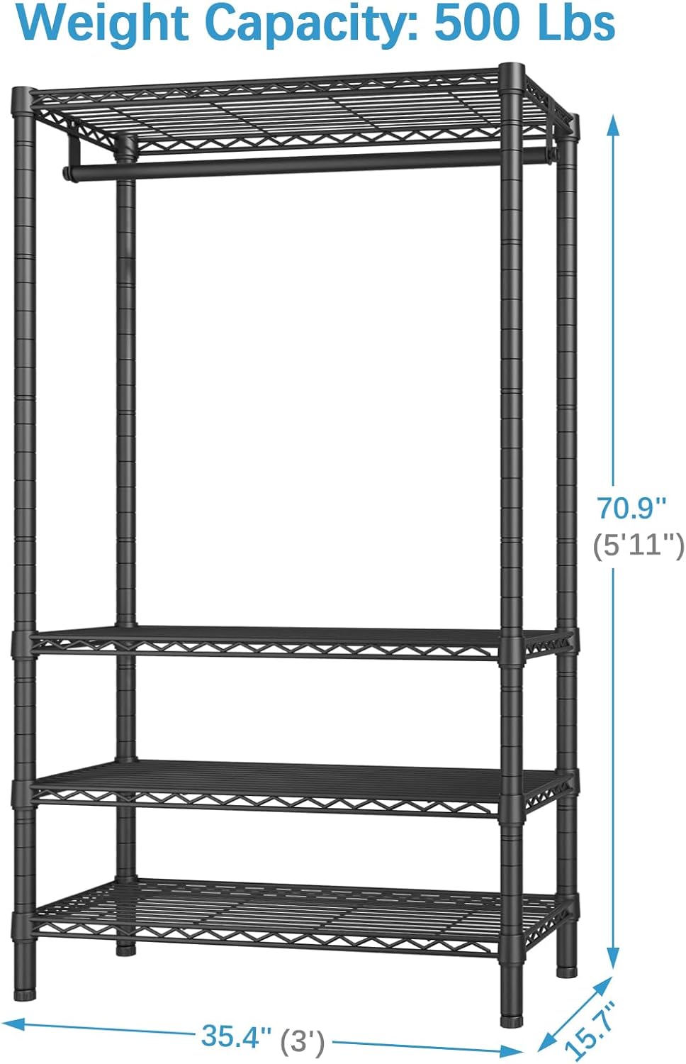 VIPEK V1 Wire Garment Rack 4 Tiers Heavy Duty Clothes Racks for Hanging Clothes Large Clothing Rack Freestanding Closet with Hanging Rod, 35.4'' L X 15.7'' W X 70.9'' H, Max Load 500LBS, Black
