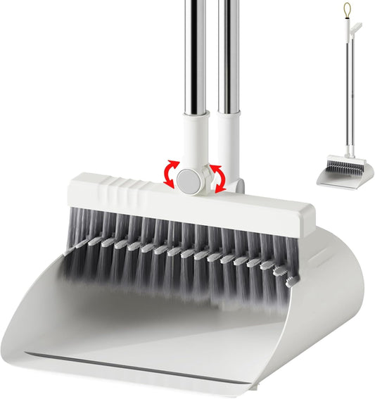 Upgrade Broom with Dustpan Combo Set, Broom and Dustpan Set with Adjustable Handle，Self-Cleaning Dustpans Teeth for Home Kitchen Office Hall Floor，ZeroGap Lip （White&Grey）