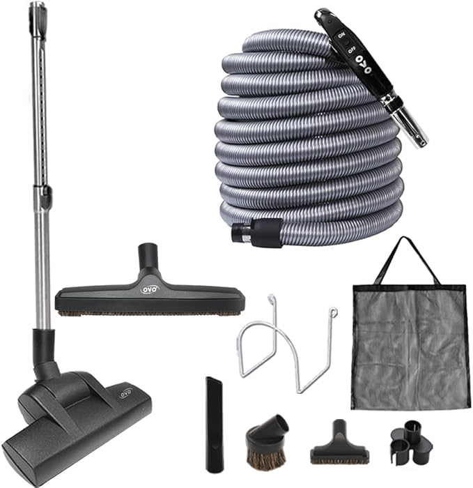 OVO Central Vacuum Deluxe Plus Kit, 30ft ON/Off Low-Voltage Hose, Air Driven Carpet Beater, 12’’ Premium Floor Brush, Cleaning Tools and Easy Storage Accessories