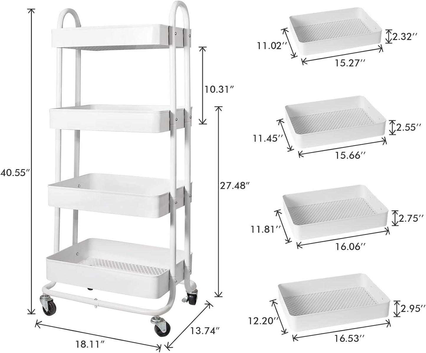 elabo 4-Tier Metal Mesh Utility Rolling Cart, Storage Organizer Trolley Services Cart with Lockable Wheels for Kitchen, Bathroom, Living Room (White)