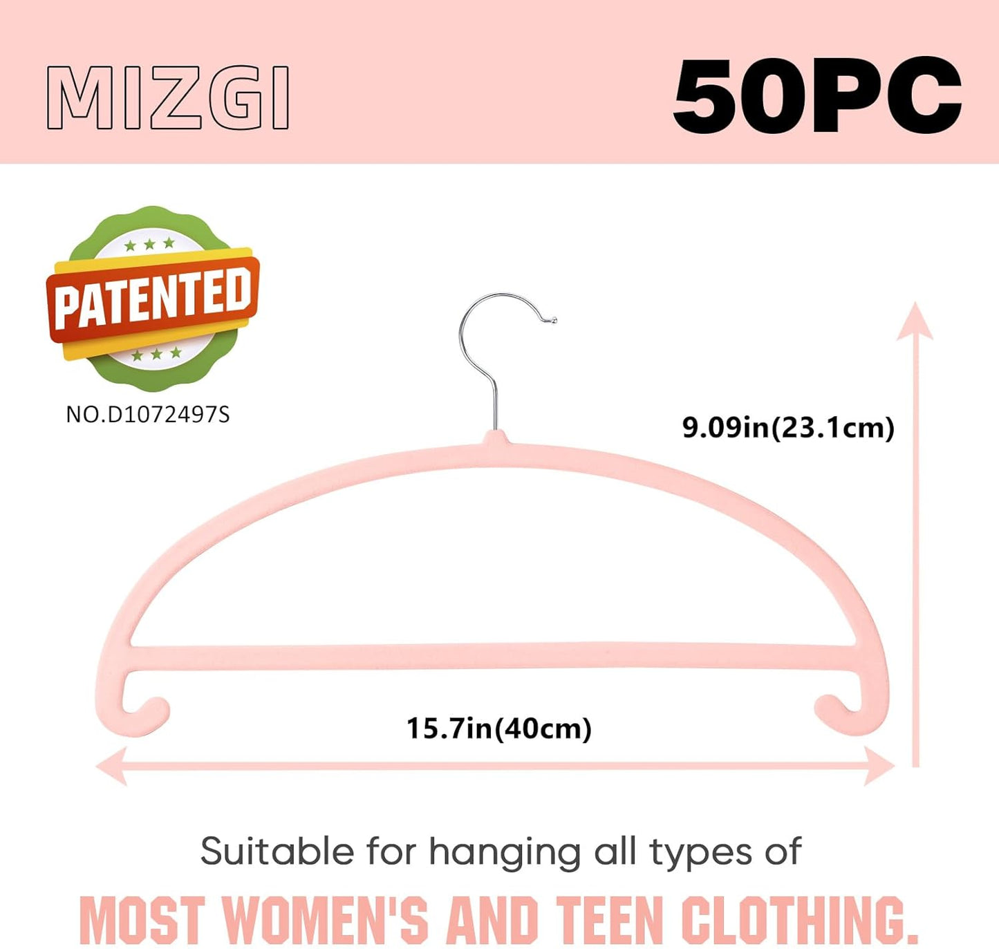 MIZGI 50 Pack Blush Pink Velvet Hangers - No Shoulder Bumps, Heavy Duty Non-Slip Chrome Hooks for Jackets, Coats, Pants
