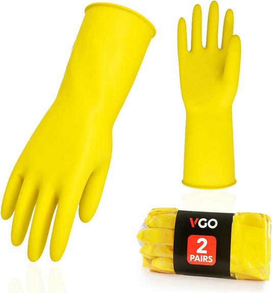Vgo... 2-Pairs Reusable Household Gloves, Rubber Dishwashing gloves, Extra Thickness, Long Sleeves, Kitchen Cleaning, Working, Painting, Gardening, Pet Care (Size L, Yellow, HH4601)