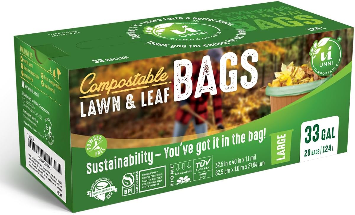 UNNI Compostable Lawn & Leaf Bags, 30-33 Gallon / 124 Liter, 40 Count Value Pack, Extra Thick 1.1 mil Yard Waste & Food Scrap Liners, BPI, CMA & OK compost HOME Certified (Meets ASTM D6400)