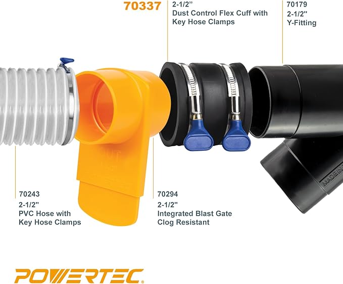 POWERTEC 70337-P6 2-1/2" Dust Control Flex Cuff w/Adjustable Key Hose Clamps, Hose Connector Rubber Cuff Coupler for Woodworking Dust Collection Fittings, Dust Collector Accessories & Machinery, 6 PK