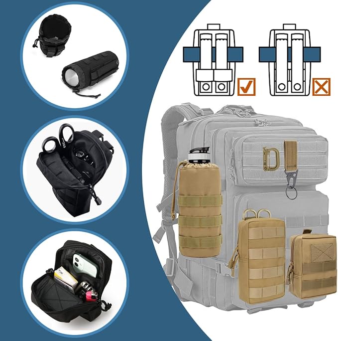 MUCHER 3 Pack Molle Pouches Tactical Pouches EDC Pouch Organizer Molle Bag Utility Pouch with 3 Carabiners and Key Rings for Outdoor Hiking Camping Training