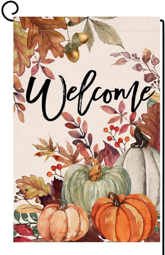 BLKWHT Fall Pumpkin Leaves Garden Flag 12x18 Vertical Double Sided Welcome Autumn Thanksgiving Holiday Outside Decorations Burlap Yard Flag BW823