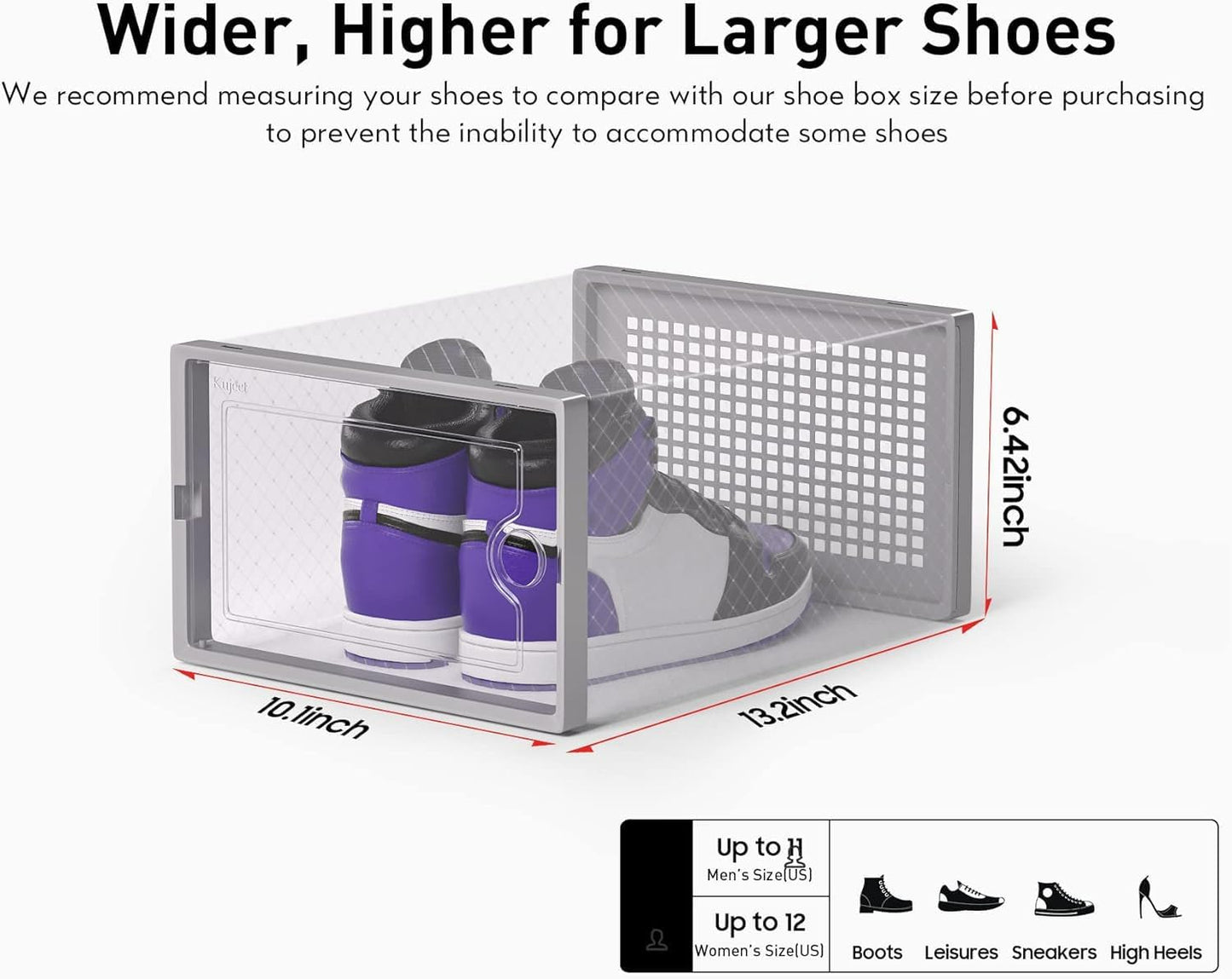 Kuject X-Large Shoe Storage Boxes Organizers Clear Plastic Stackable 12 Pack, Shoe Rack & Holder Substitute, Sneaker Containers, Toy Storage Organizer Bins for Entryway, Closet, Under Bed, Grey