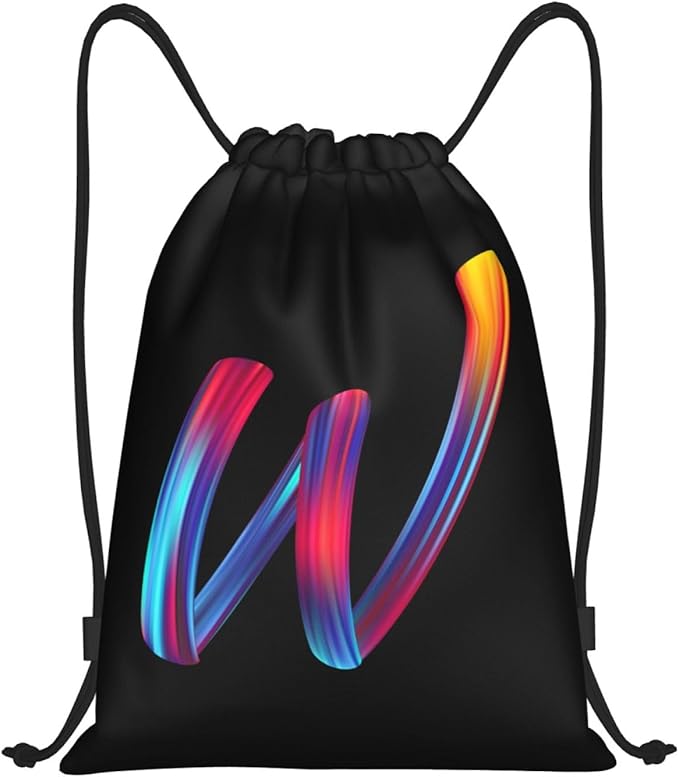 Drawstring Bags Initial Drawstring Backpack Sackpack Black Draw String Cinch Bags for Sports, Gym, Travel, Swimming, Beach, Camping, Rainbow Letter W